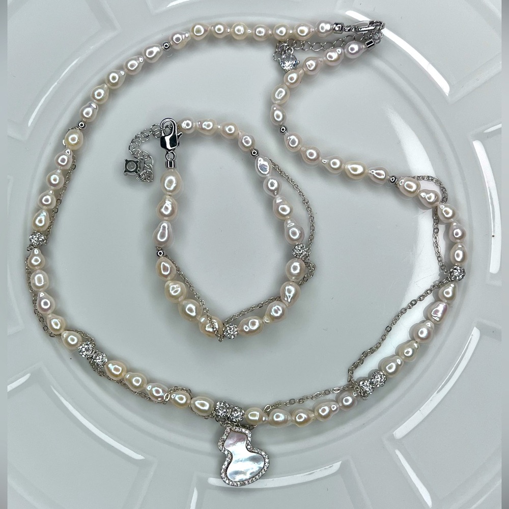 🔥DEALS🔥 Handmade Freshwater Pearl Mother Of Pearl Necklace & Bracelet SET - Picture 1 of 3